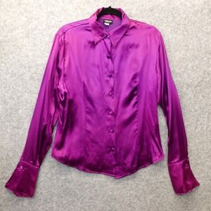 Vintage Purple Satin Button Up Shirt Womens L Magenta Retro 70s USA Made JOSHUA